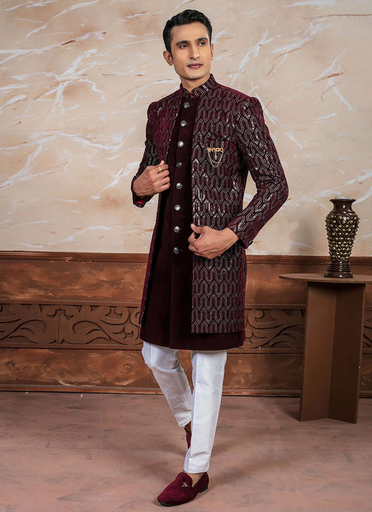 Embroidered Velvet Maroon Indo Western - M8337