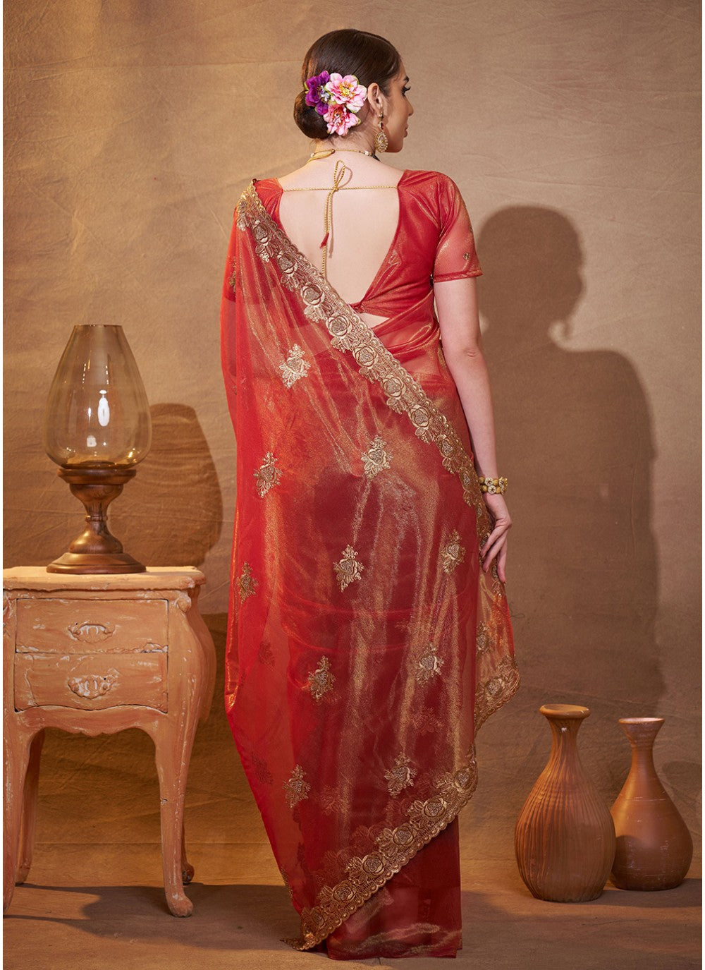 Embroidered Organza Maroon Saree S14452