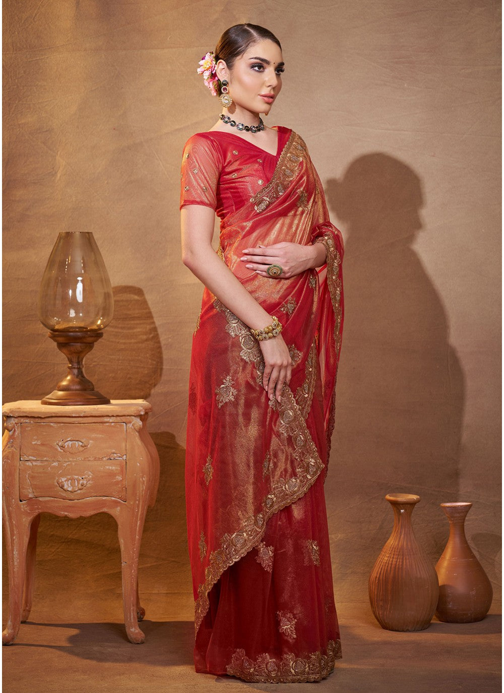 Embroidered Organza Maroon Saree S14452