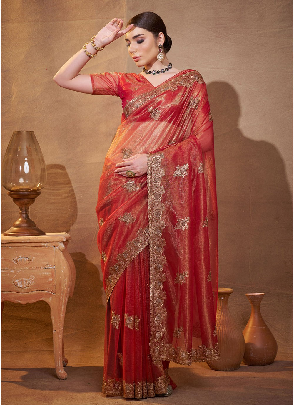 Embroidered Organza Maroon Saree S14452