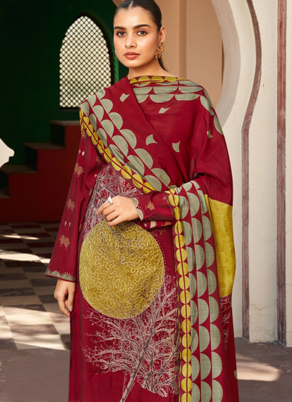 Salwar Suit Embroidered Maroon Muslin T5162