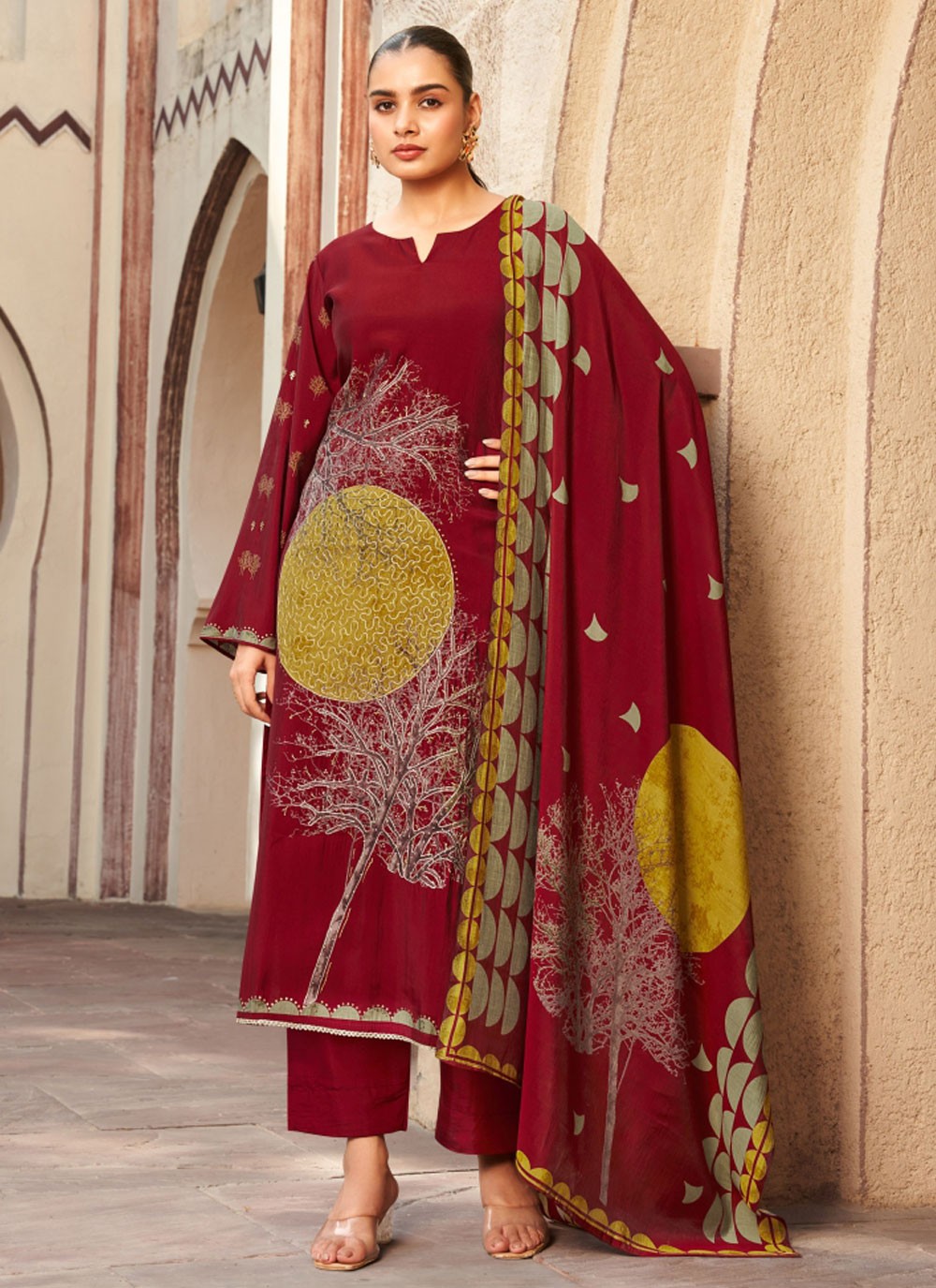 Salwar Suit Embroidered Maroon Muslin T5162