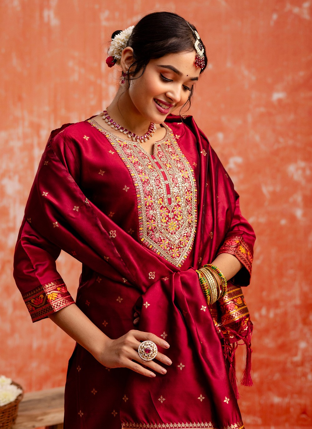 Salwar Suit Embroidered Maroon T7353