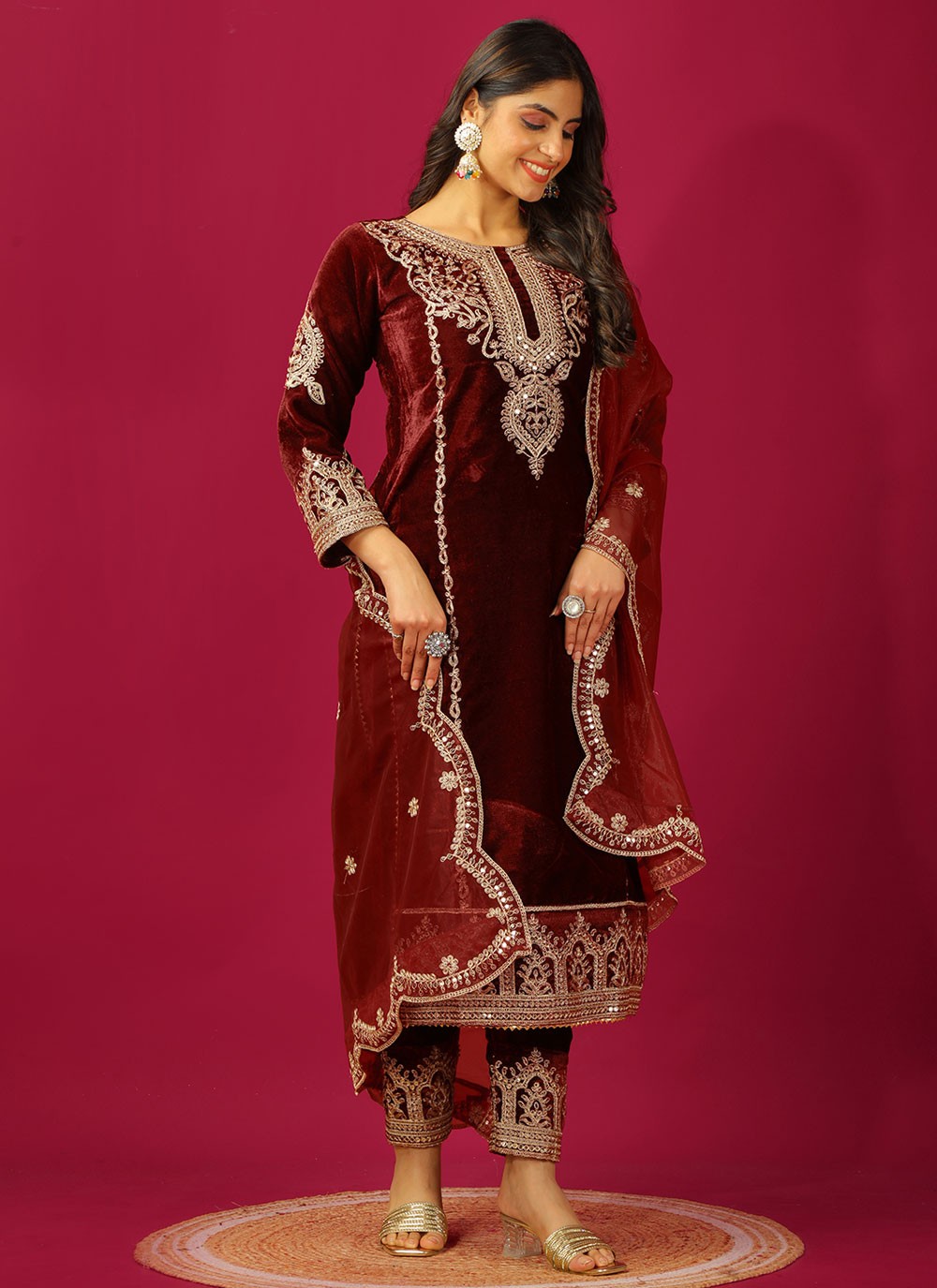 Embroidered Velvet Maroon Salwar Suit T5982