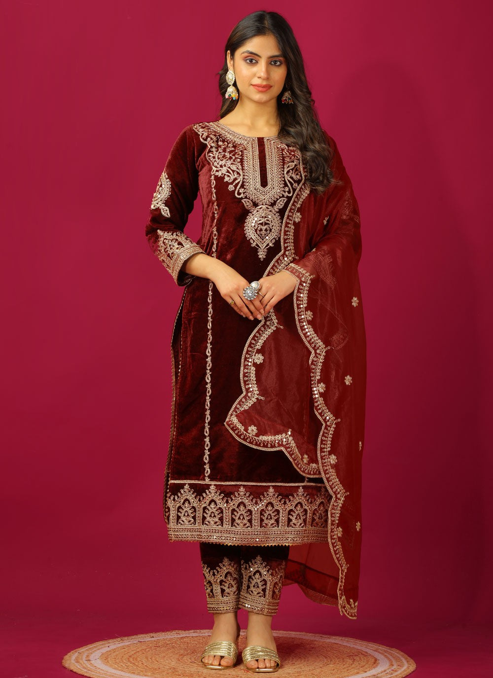 Embroidered Velvet Maroon Salwar Suit T5982