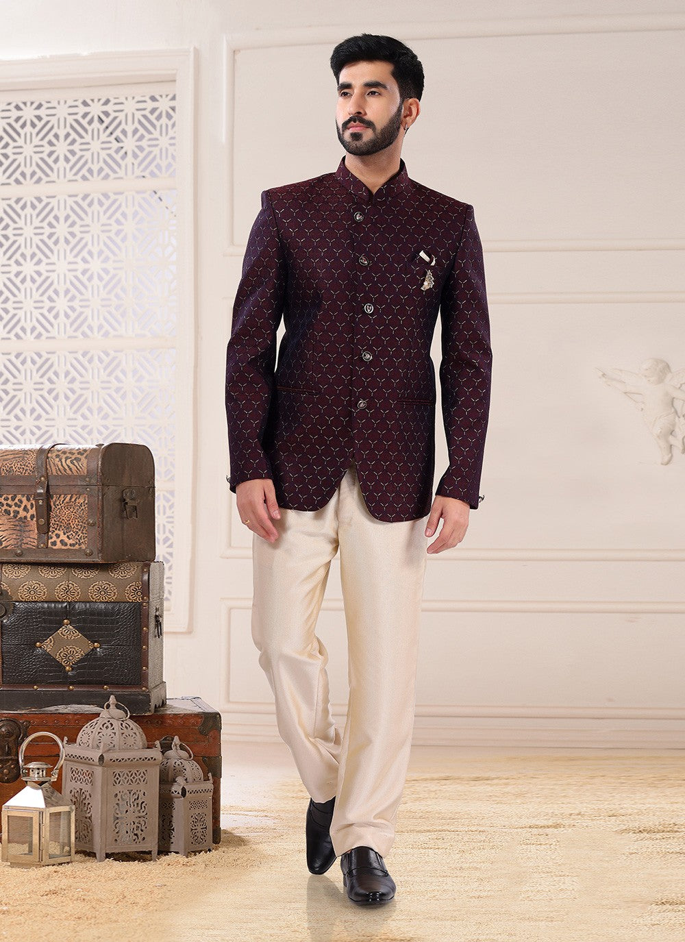 Embroidered Jacquard Maroon Jodhpuri Suit - M4675