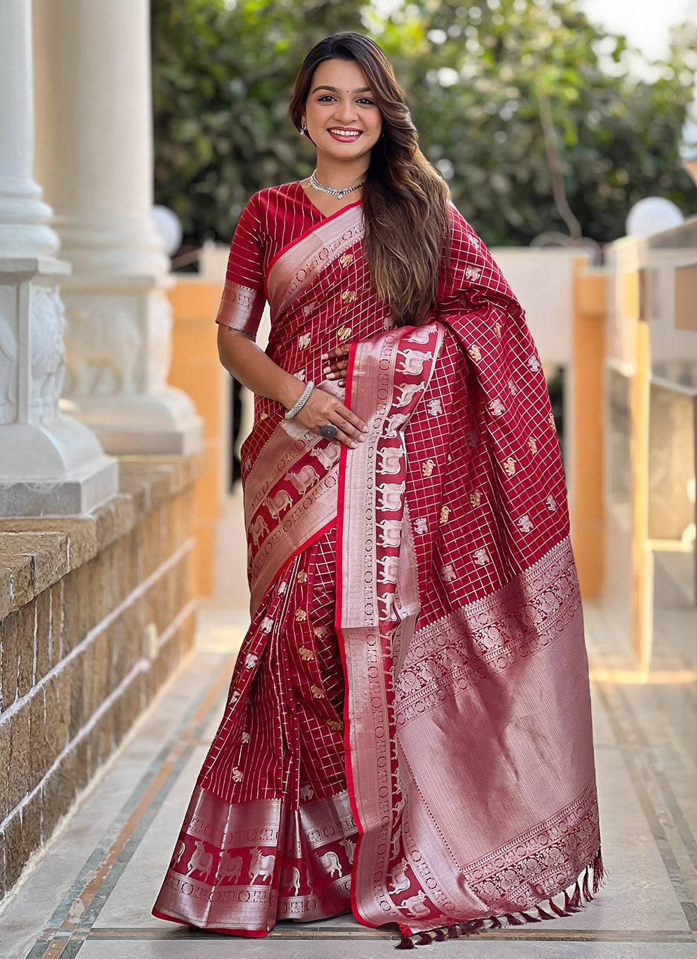 Weaving Zari Silk Maroon Saree S14343