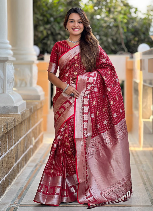 Weaving Zari Silk Maroon Saree S14343