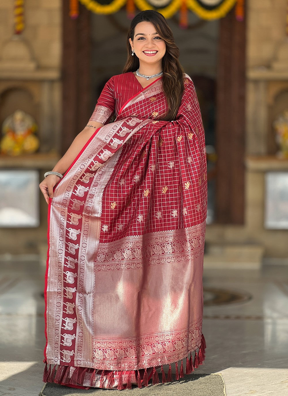 Weaving Zari Silk Maroon Saree S14343