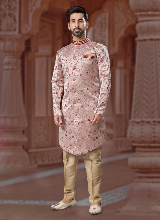 Fancy Work Jacquard Maroon Indo Western Sherwani - M6895