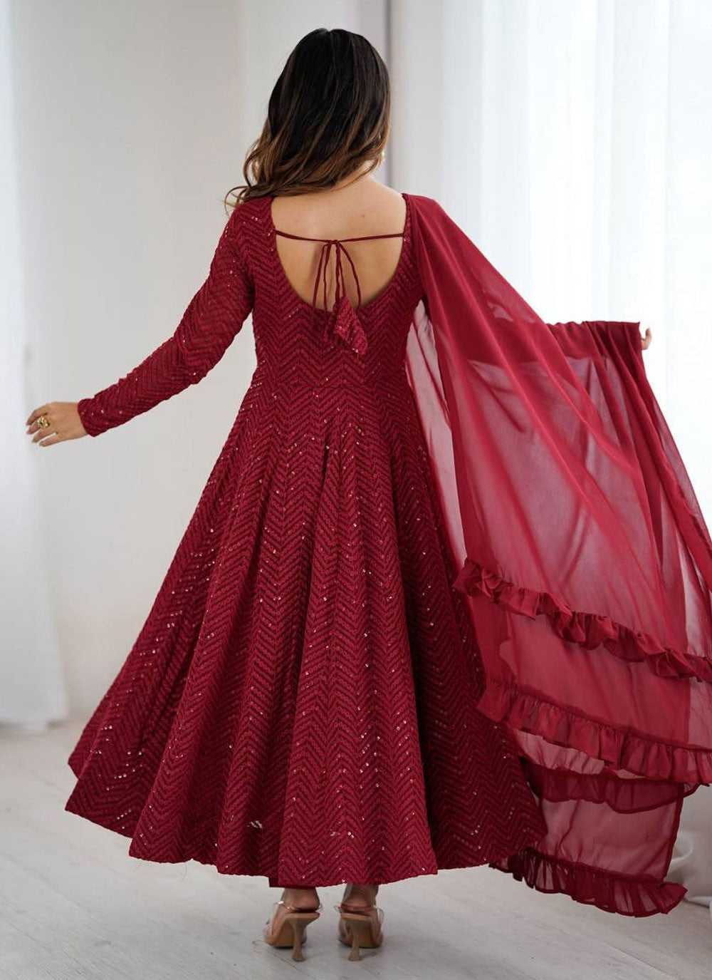 Anarkali Lucknowi Work, Sequins Maroon T8529