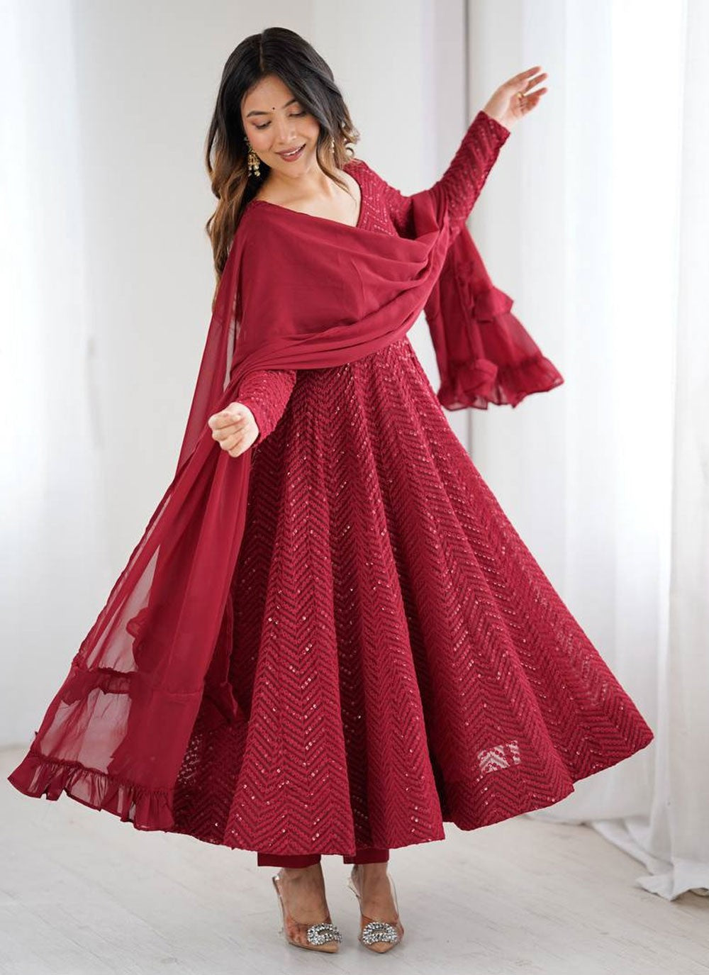 Anarkali Lucknowi Work, Sequins Maroon T8529