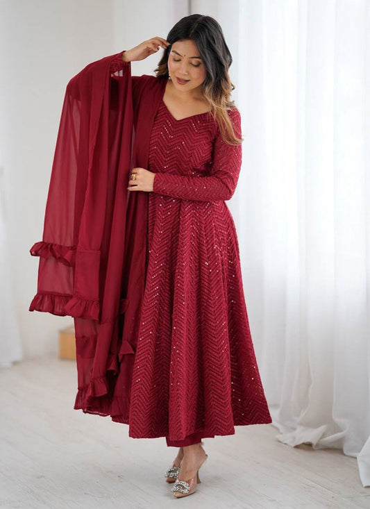 Anarkali Lucknowi Work, Sequins Maroon T8529