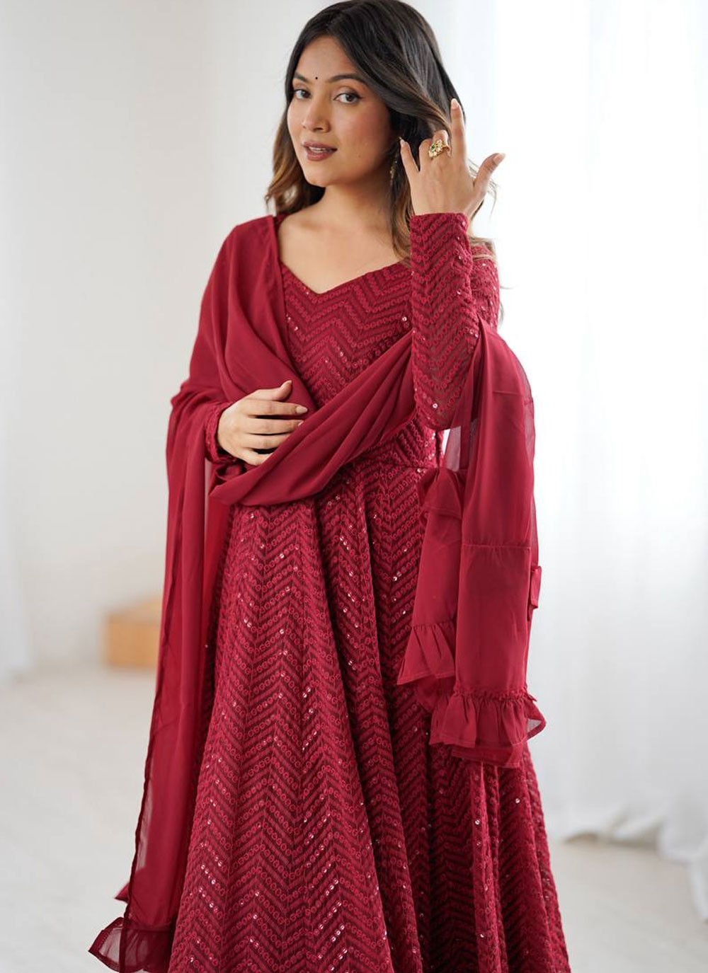 Anarkali Lucknowi Work, Sequins Maroon T8529