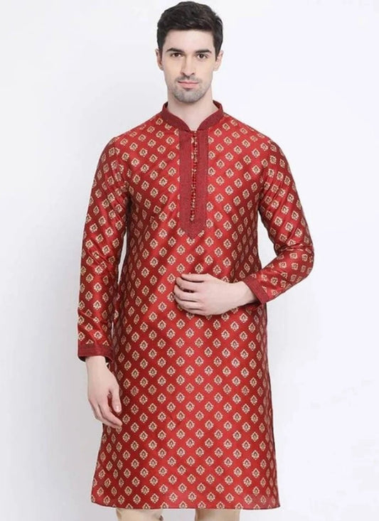 Printed Art Dupion Silk Maroon Kurta - M4225