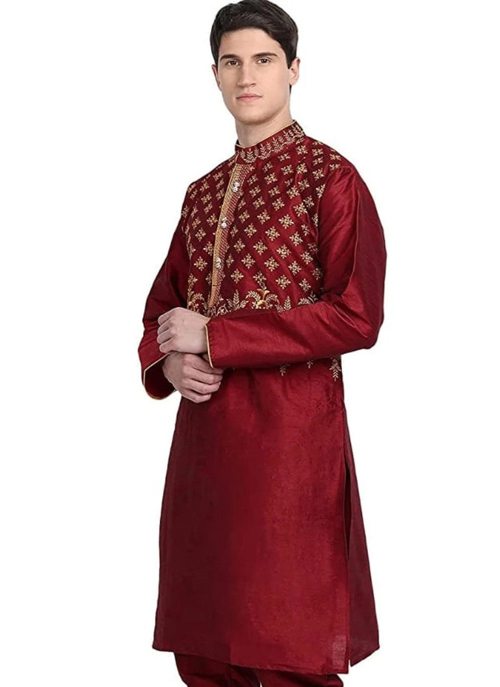 Embroidered Art Dupion Silk Maroon Kurta - M4229