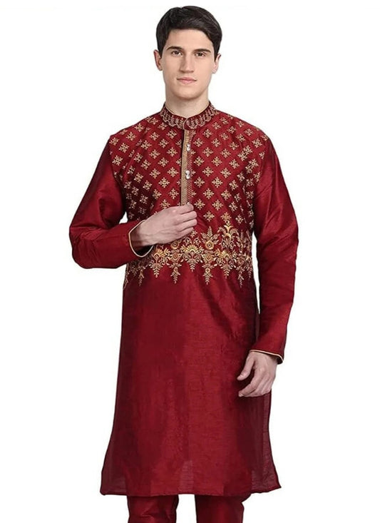Embroidered Art Dupion Silk Maroon Kurta - M4229