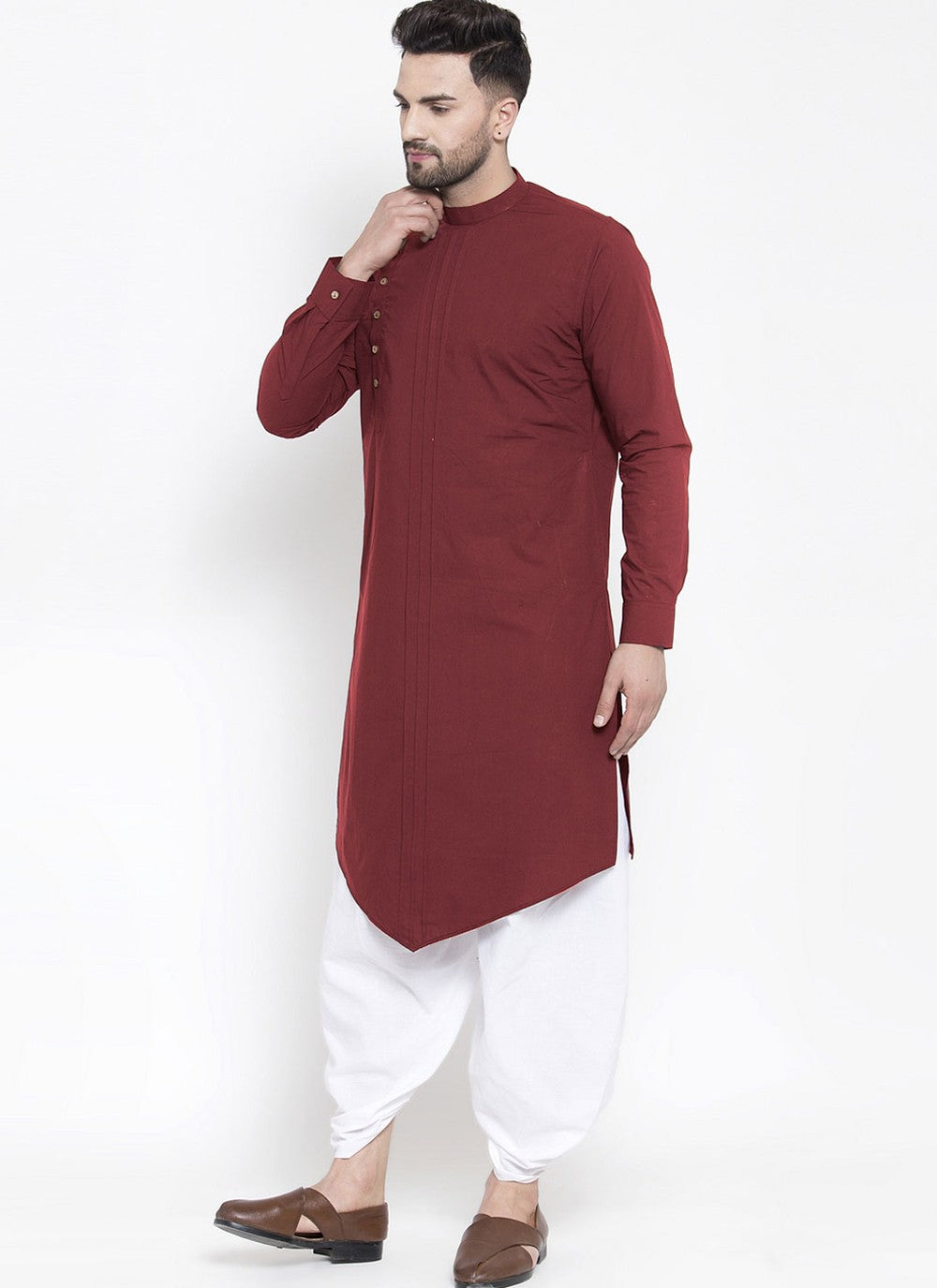 Plain Blended Cotton Maroon Dhoti Kurta - M4485