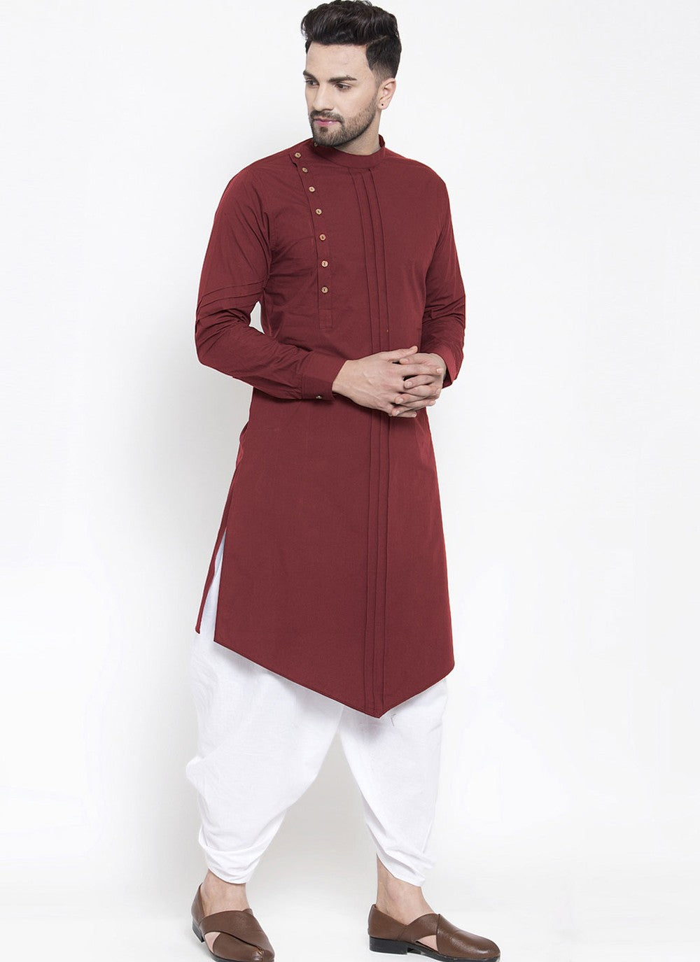 Plain Blended Cotton Maroon Dhoti Kurta - M4485