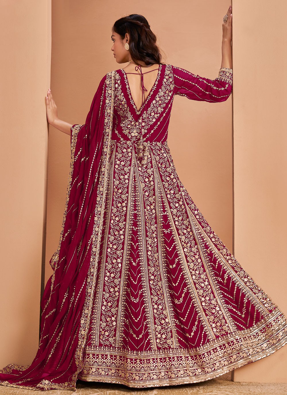Anarkali Embroidered Maroon Faux Georgette T5311