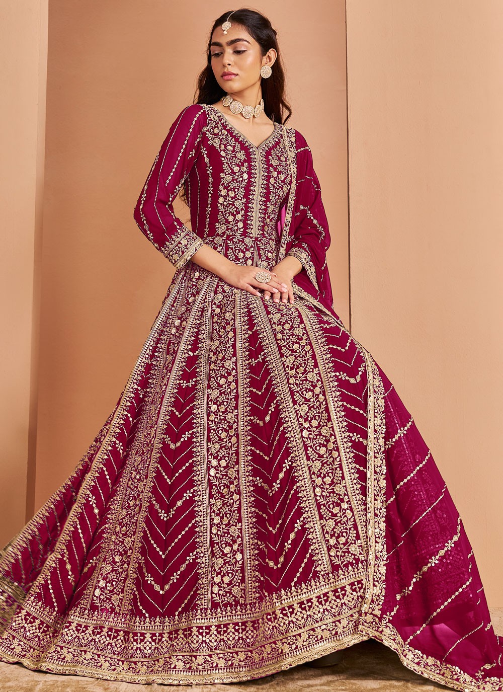 Anarkali Embroidered Maroon Faux Georgette T5311