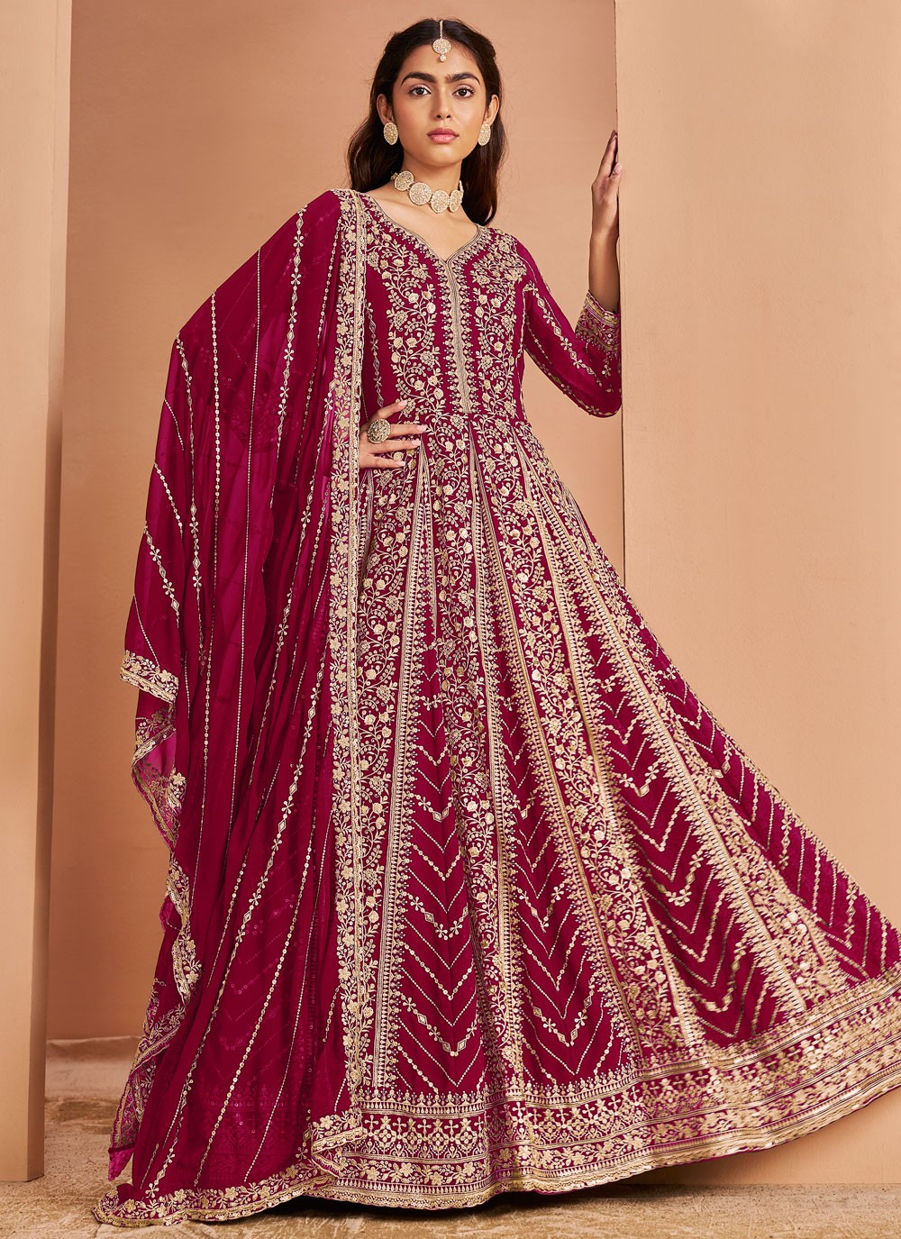 Anarkali Embroidered Maroon Faux Georgette T5311
