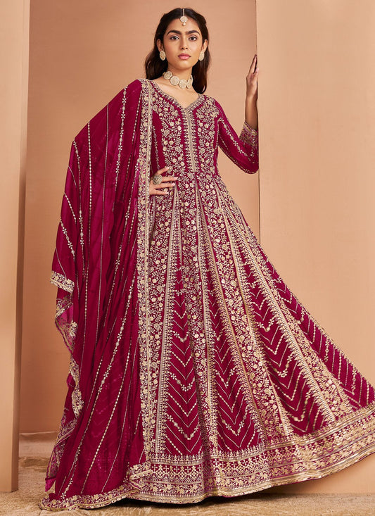 Anarkali Embroidered Maroon Faux Georgette T5311