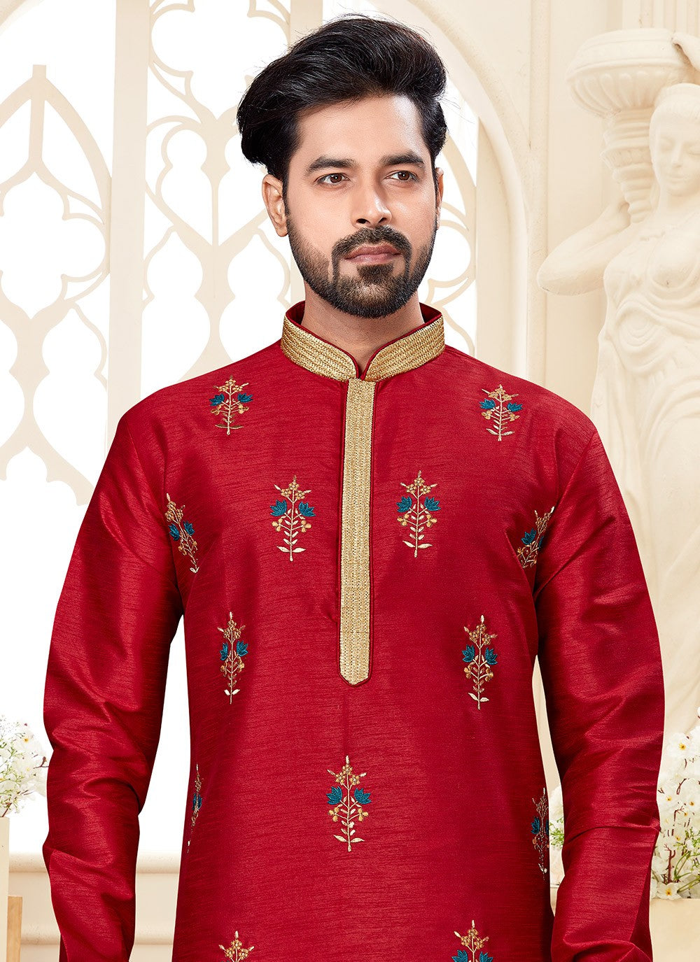 Embroidered Dupion Silk Maroon Kurta - M5594
