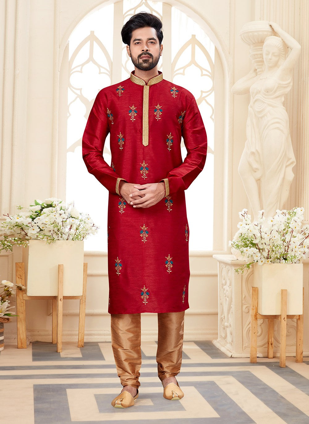 Embroidered Dupion Silk Maroon Kurta - M5594