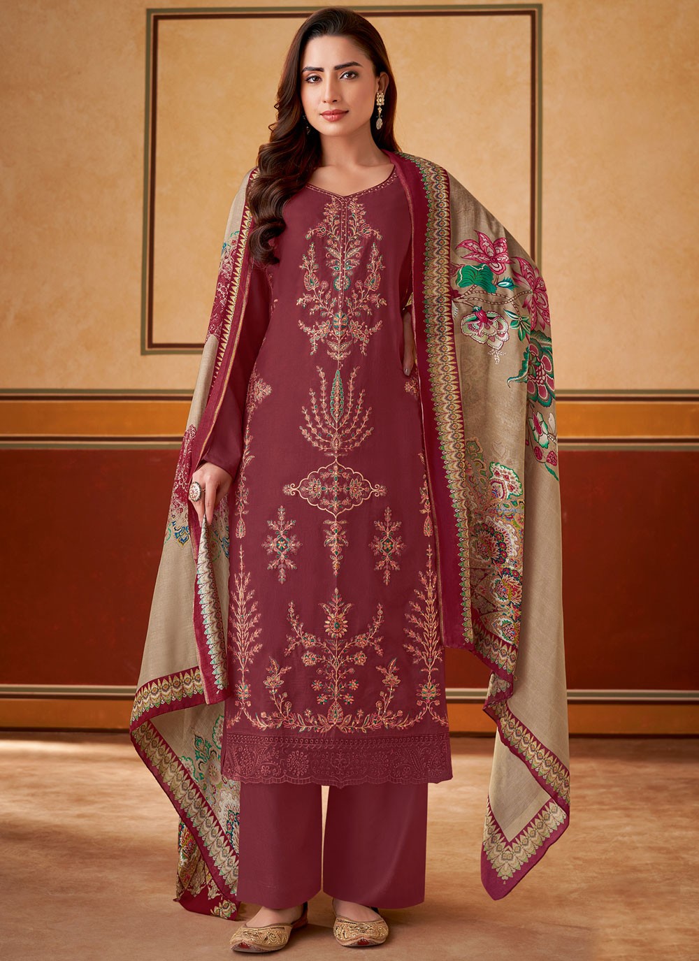 Embroidered Muslin Maroon Pant Style Suit T6309