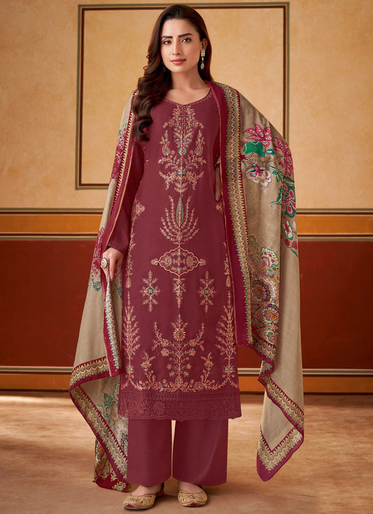 Embroidered Muslin Maroon Pant Style Suit T6309