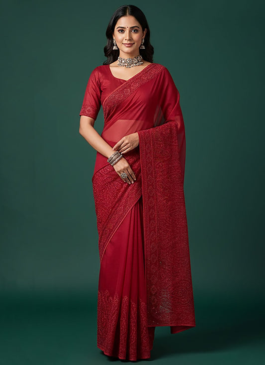 Maroon Georgette Trendy Saree Embroidered, Lucknowi Work S20247