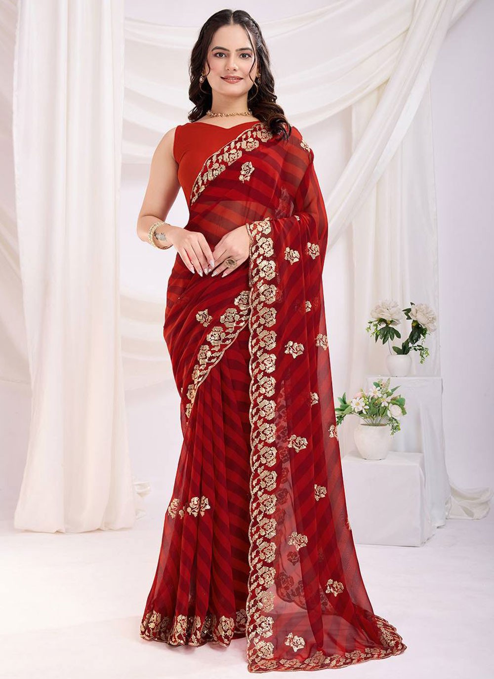 Casual Printed Maroon Georgette Saree S12981