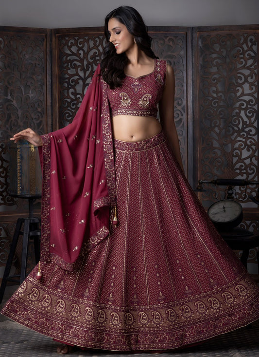 Embroidered Georgette Maroon Lehenga Choli L3722