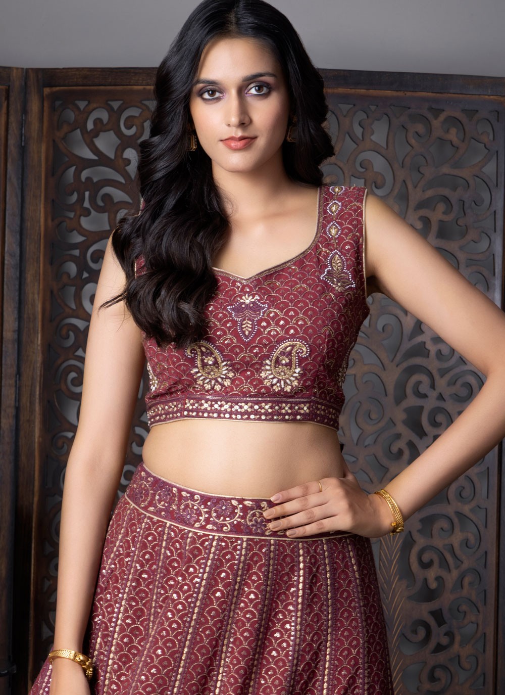 Embroidered Georgette Maroon Lehenga Choli L3722