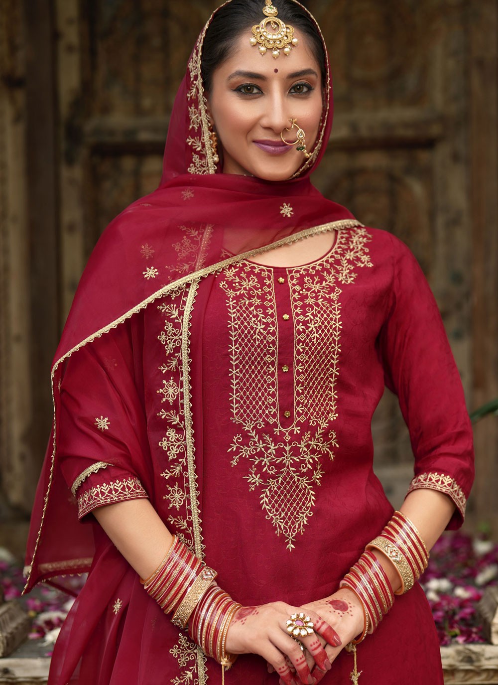 Dhoti Style Patiala Suit Embroidered, Resham Maroon T7846