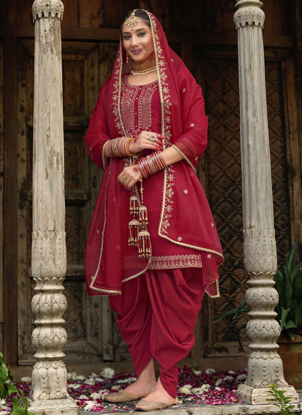 Dhoti Style Patiala Suit Embroidered, Resham Maroon T7846
