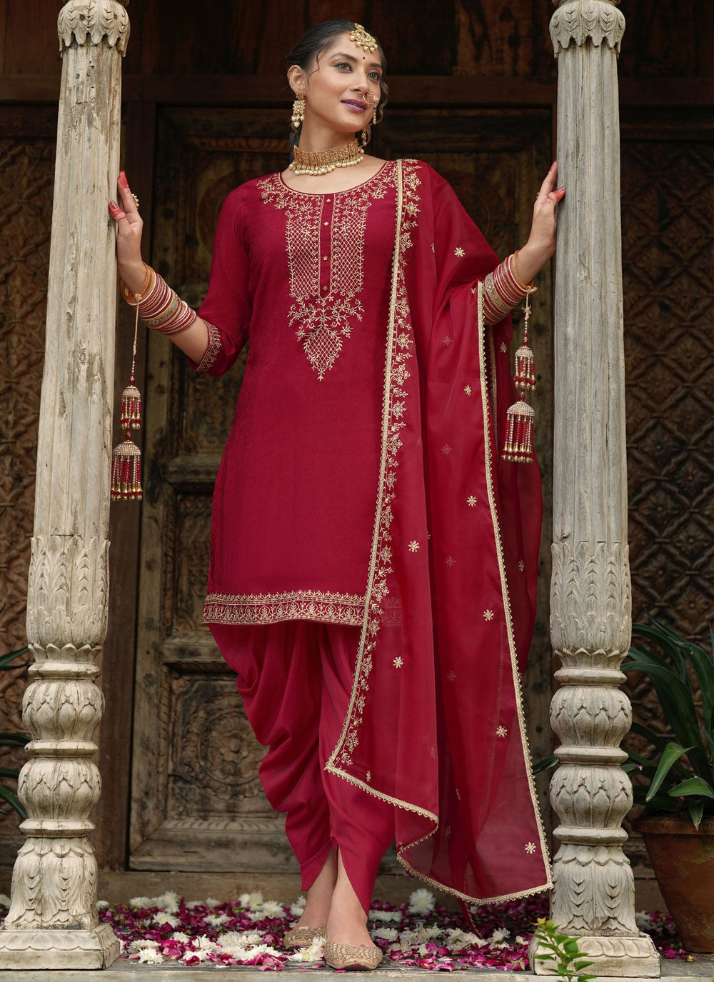 Dhoti Style Patiala Suit Embroidered, Resham Maroon T7846
