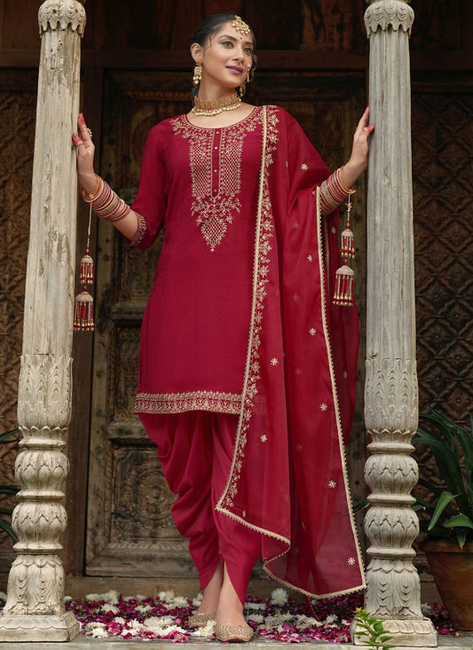 Dhoti Style Patiala Suit Embroidered, Resham Maroon T7846