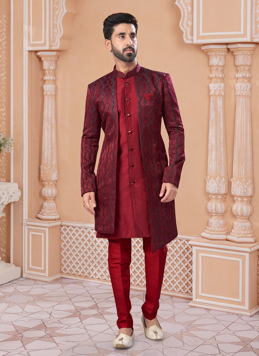 Embroidered Jacquard Maroon Indo Western Sherwani - M6888