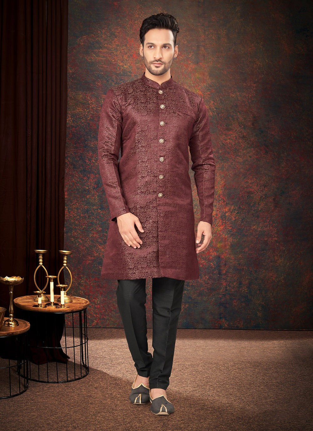 Fancy Work Jacquard Maroon Indo Western - M7194