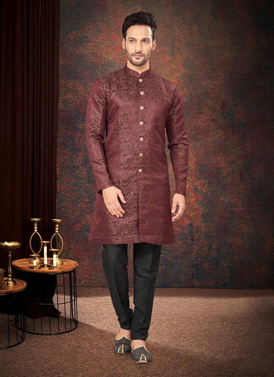 Fancy Work Jacquard Maroon Indo Western - M7194