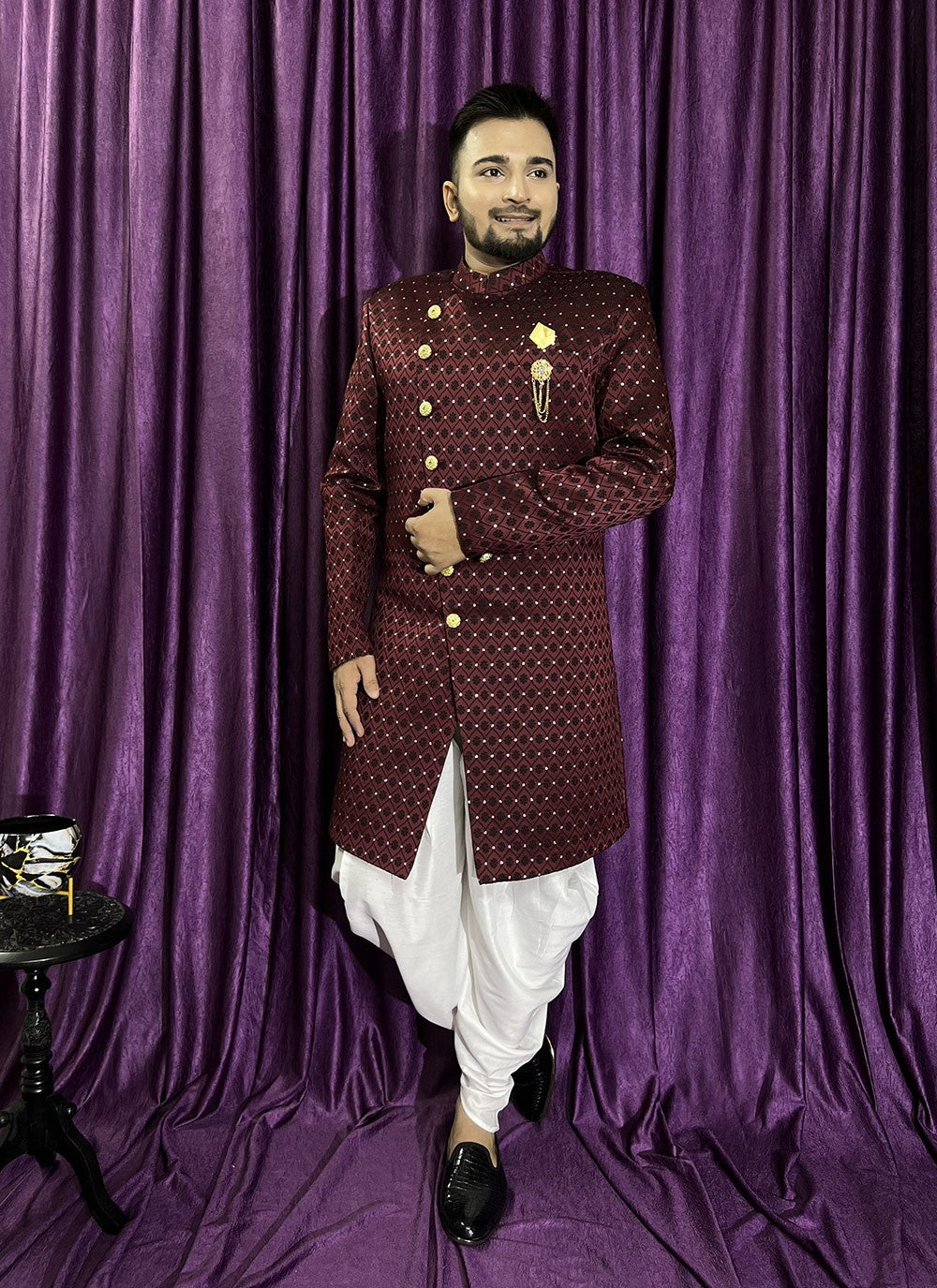 Fancy Work Jacquard Maroon Indo Western - M5702