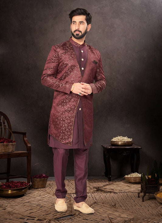 Jacquard Work Jacquard Maroon Indo Western - M7240