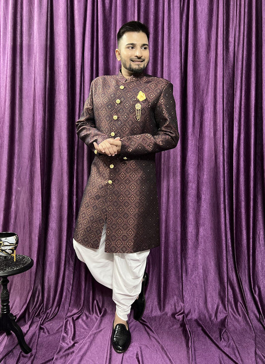 Fancy Work Jacquard Maroon Indo Western - M5712