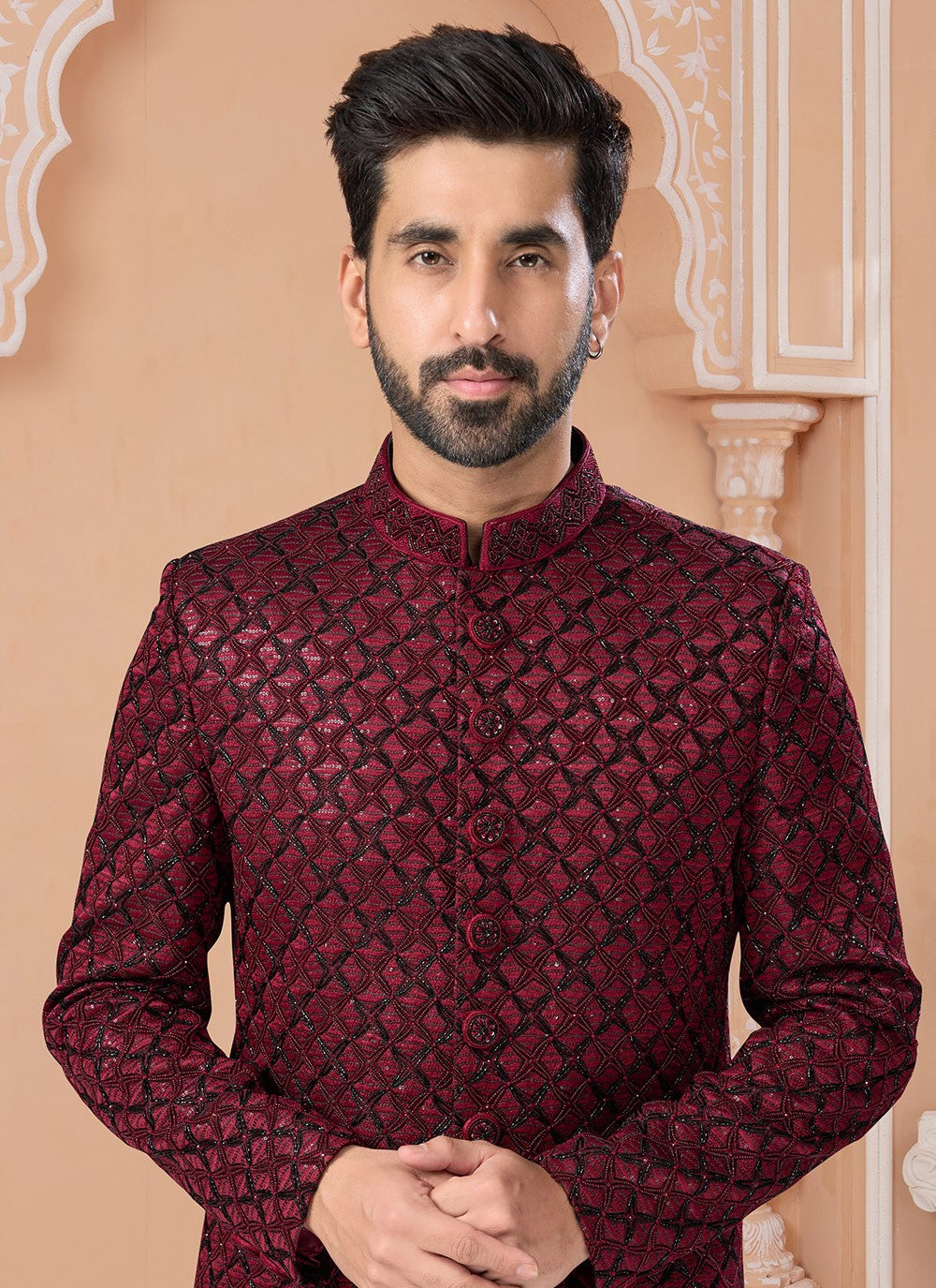 Embroidered Jacquard Maroon Indo Western Sherwani - M6906