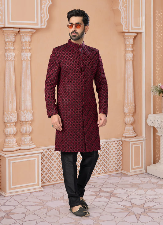 Embroidered Jacquard Maroon Indo Western Sherwani - M6906