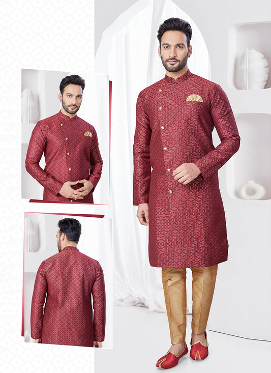 Plain Jacquard Maroon Indo Western - M7694