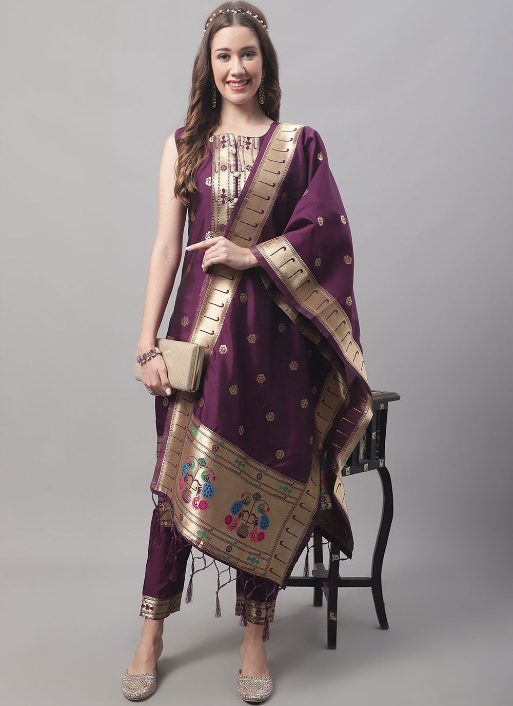 Pant Style Suit Jacquard Work Maroon T7569