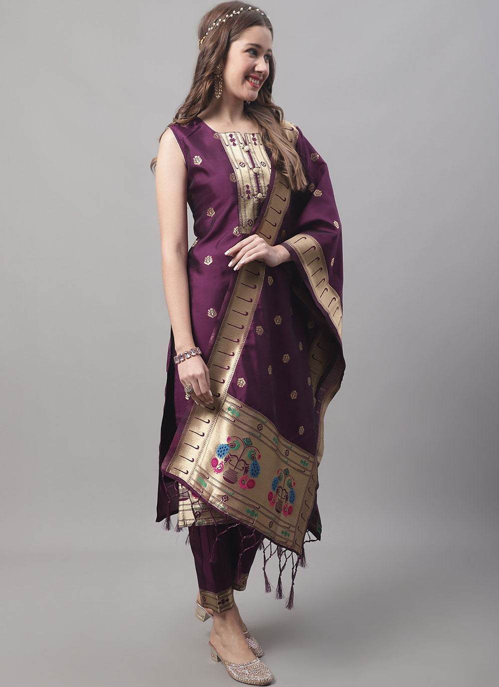Pant Style Suit Jacquard Work Maroon T7569
